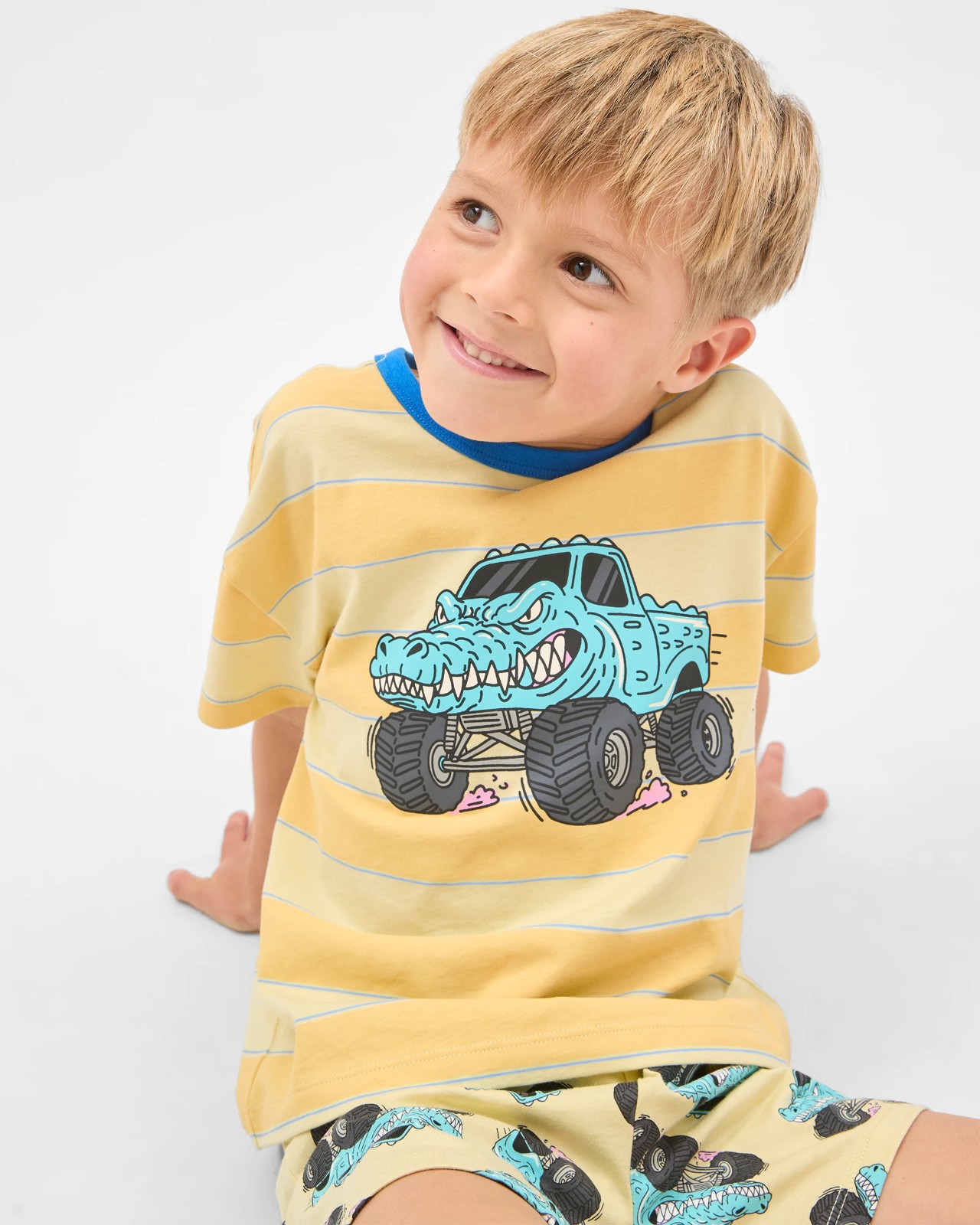 Australian Cotton Younger Boys Oversized Jersey Pyjama Set - Monster Truck Multi 4 of 6