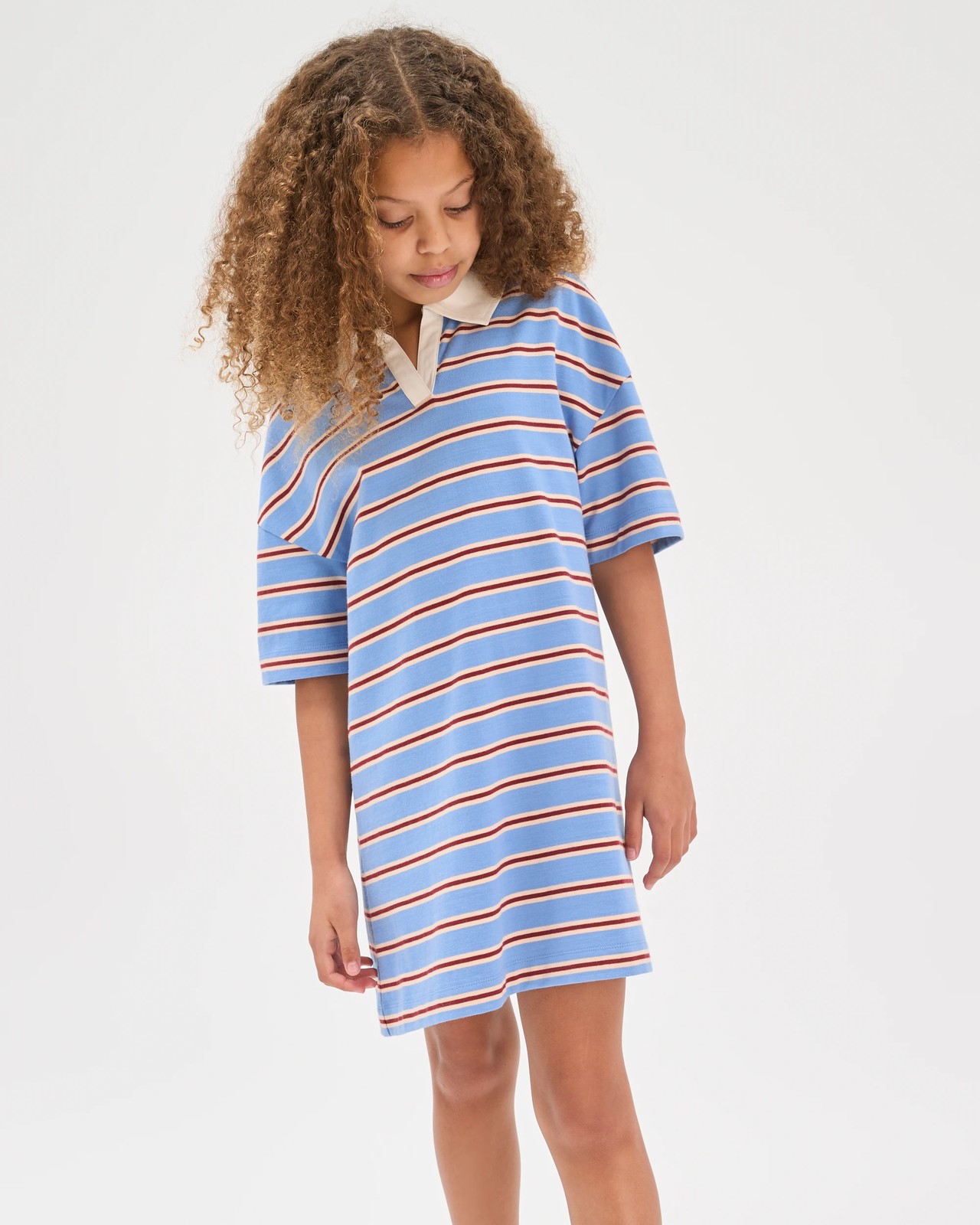 Australian Cotton Short Sleeve Oversized Polo Stripe Dress - Blue 4 of 5