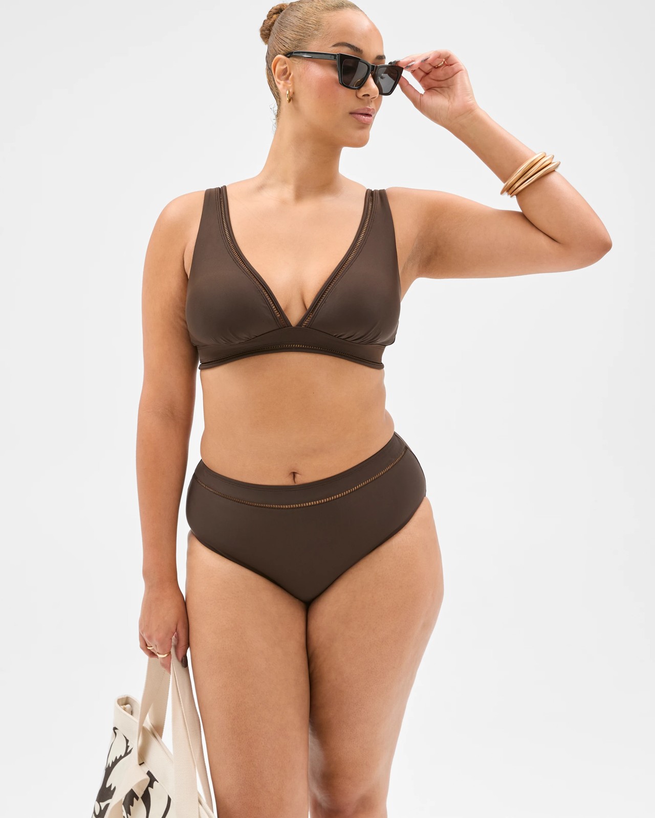 Shape Your Body Resort Ladder Trim High Waisted Matte Micro Swim Bikini Bottoms - Cocoa 2 of 5