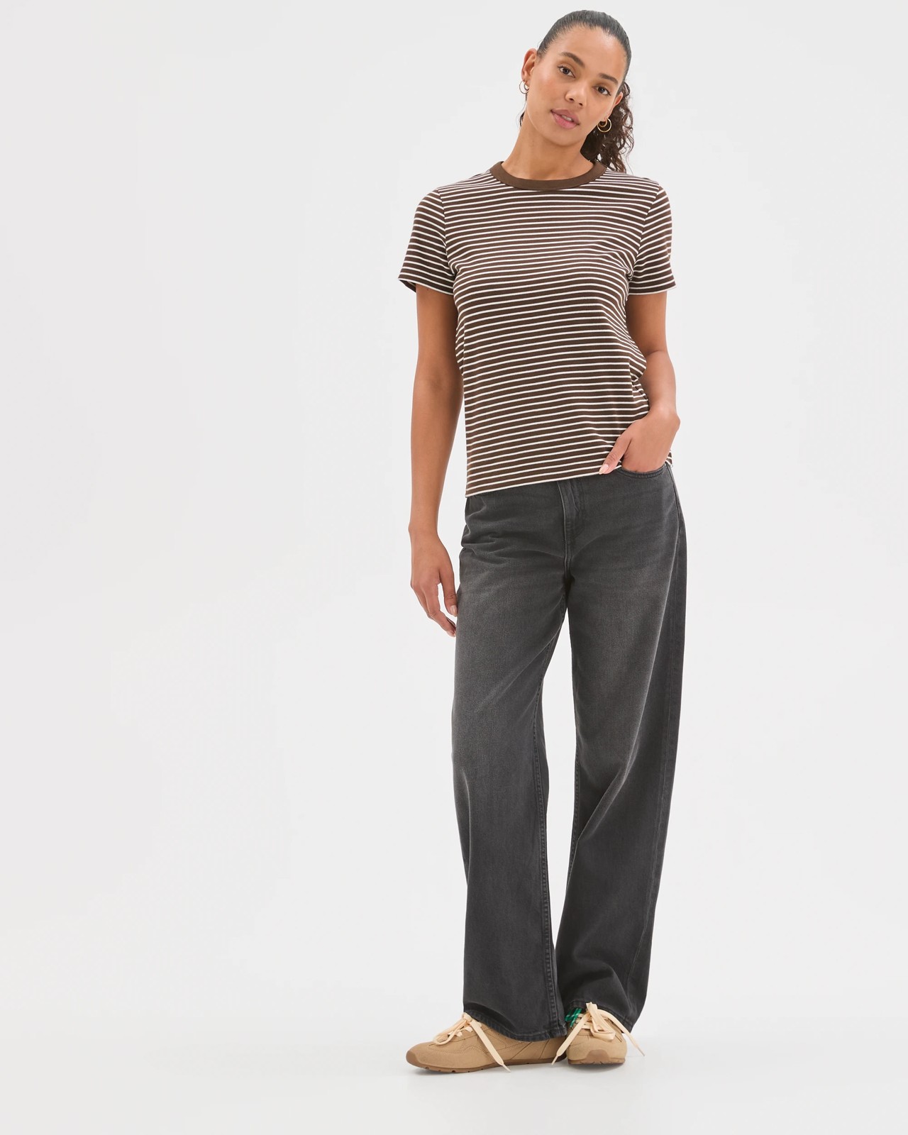 Australian Cotton Interlock Neat T-Shirt - Coffee Bean/Cloud Dancer Stripe 4 of 6
