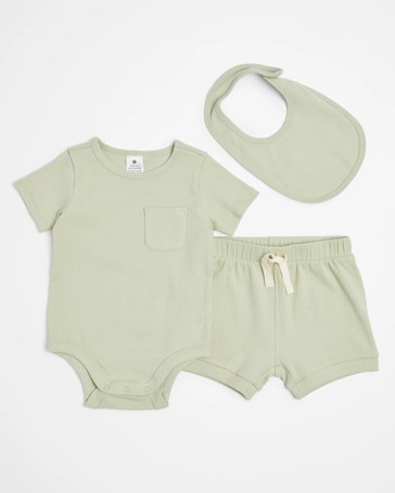 Baby Organic Cotton Bodysuit Shorts and Bib 3 Piece Set