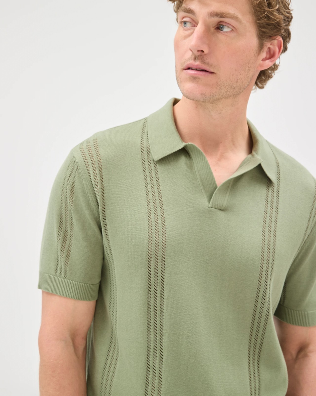 Preview Revere Pointelle Knit Polo Top - Green 5 of 5