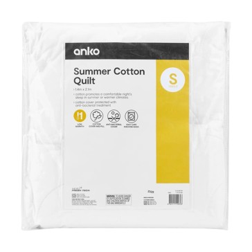 Low Warmth Summer Cotton Quilt  Single Bed  White - Anko