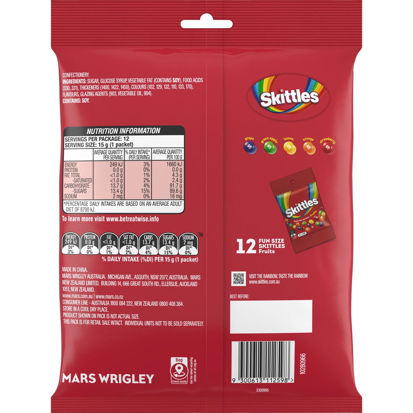 12 Pieces Skittles Fruits Chewy Lollies Party Share Bag 180g 2 of 4