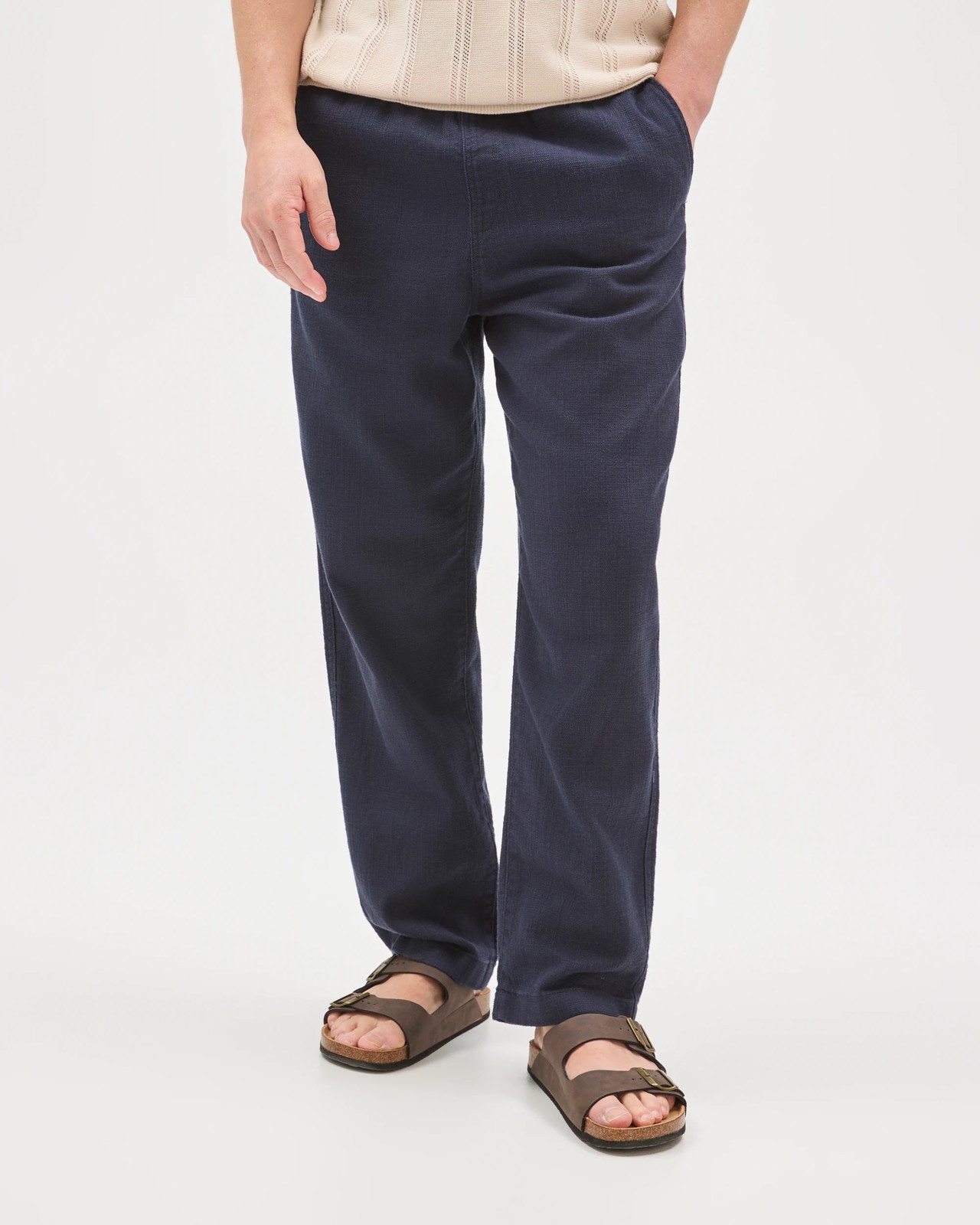 Australian Cotton Elastic Waistband Relaxed Textured Pants - Navy 5 of 5