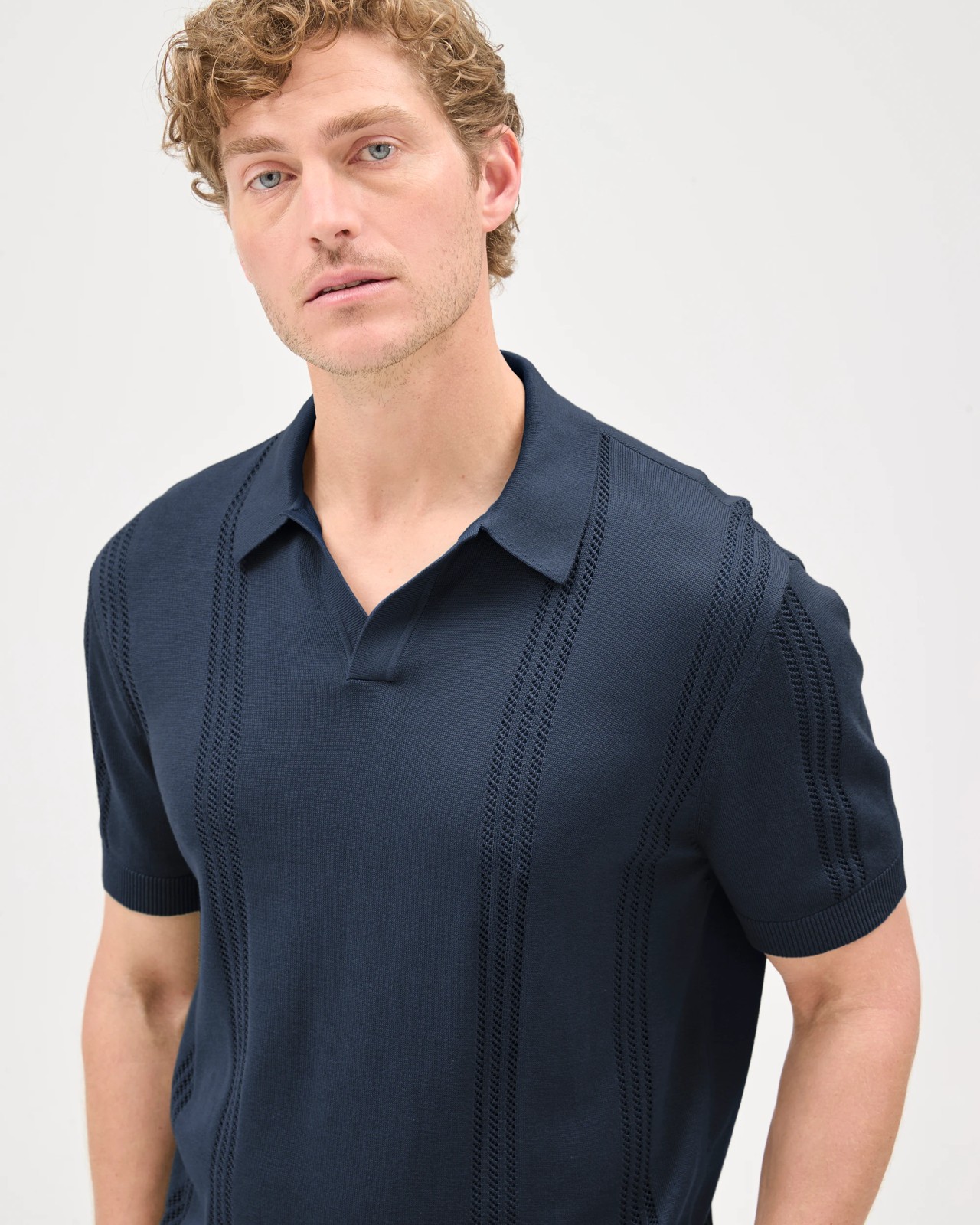 Preview Revere Pointelle Knit Polo Top - Navy 4 of 6