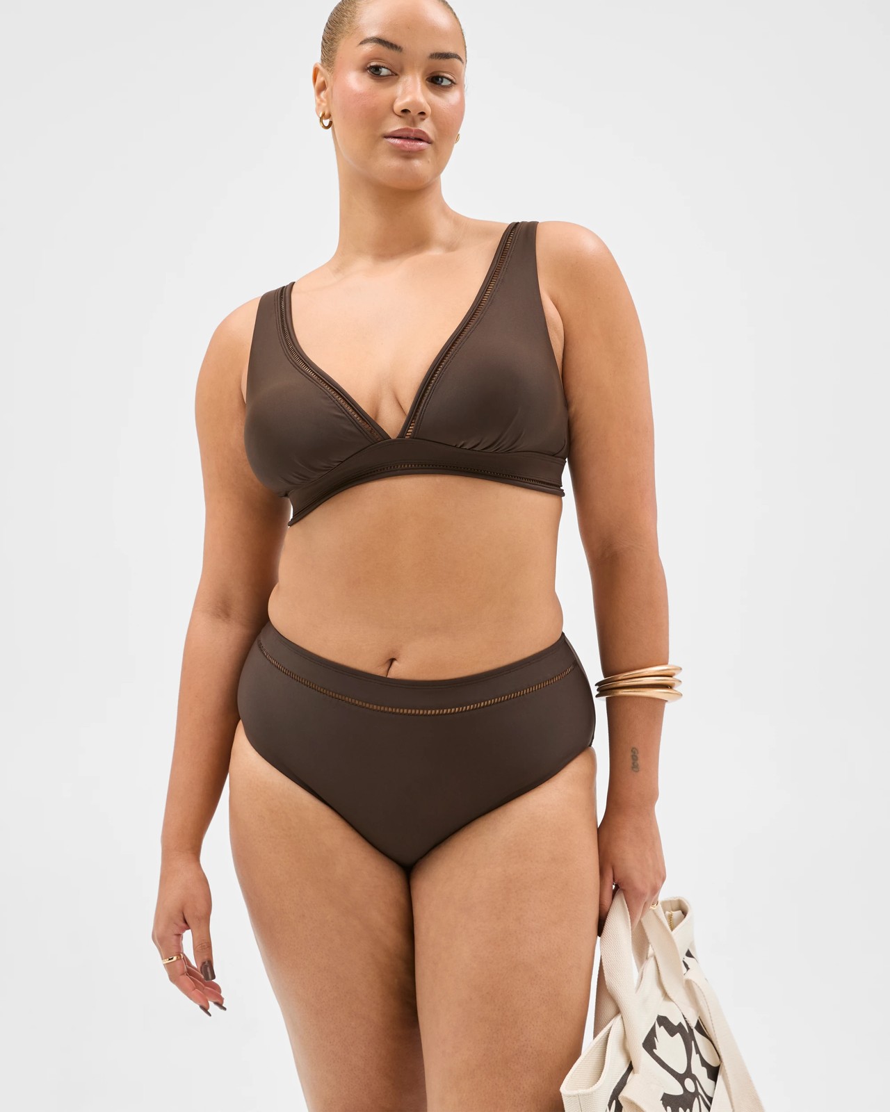 Shape Your Body Resort Ladder Trim V Neck Matte Micro Swim Bikini Top - Cocoa 3 of 6