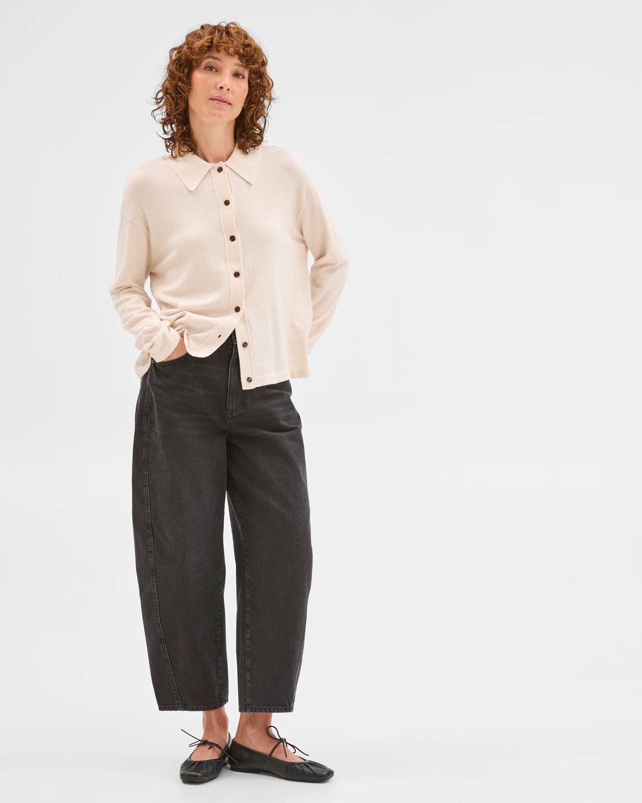 Australian Cotton Blend Knit Polo Collar Cardigan - Pebble 2 of 5