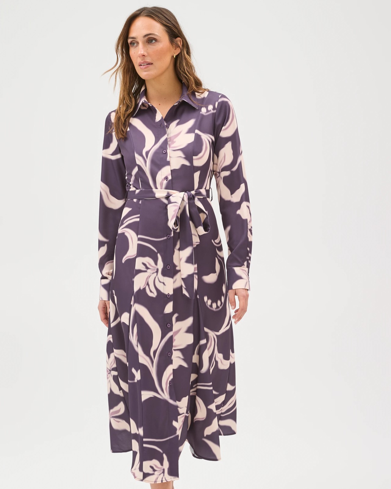 Preview Long Sleeve Godet Detail Midi Shirt Dress - Plum Blur 3 of 5