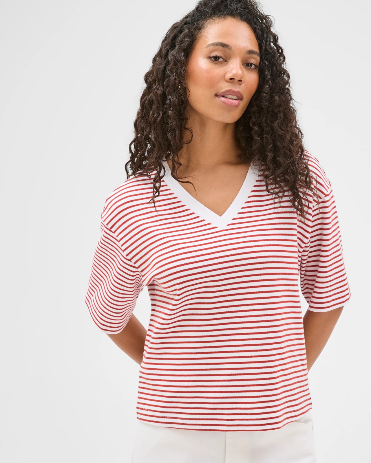 Australian Cotton Heavyweight V-Neck Boxy T-Shirt - Red Stripe 3 of 6