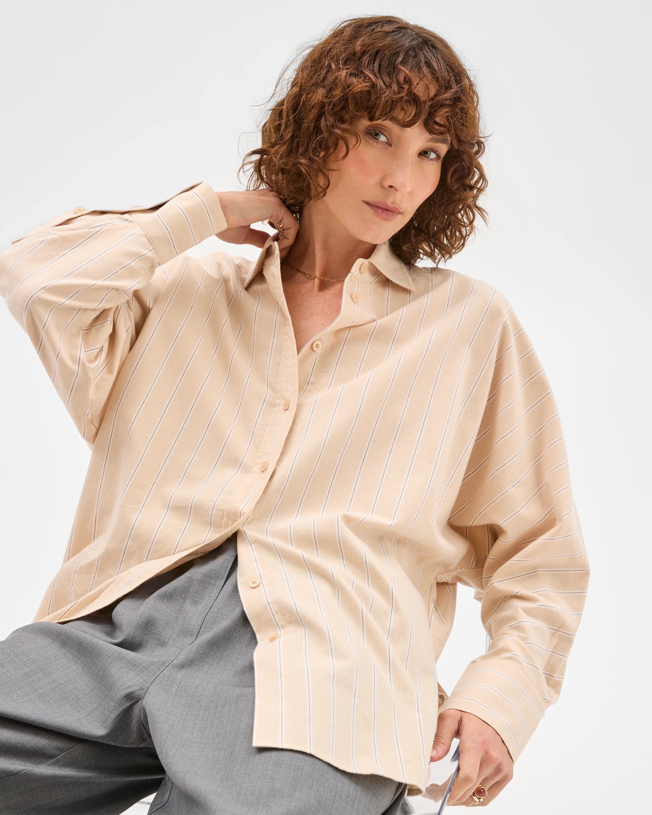 Australian Cotton Batwing Shirt - Fawn Stripe 5 of 5