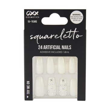 24 Pack Artificial Nails with Adhesive, Squareletto Shape, White Glitter - OXX Cosmetics