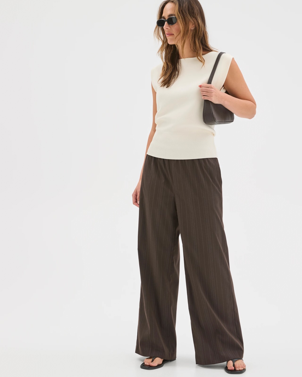 Preview Elastic Waist Tailored Pants - Coffee Bean Broken Stripe 2 of 5