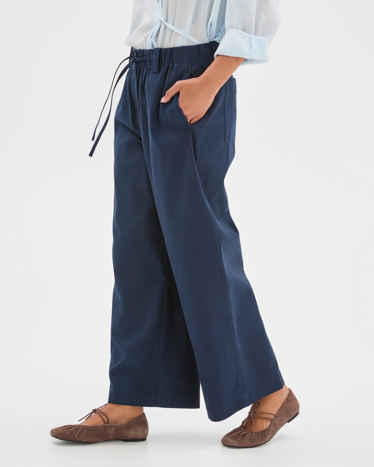 Australian Cotton Wide Leg Textured Pants - Ink Navy 4 of 6