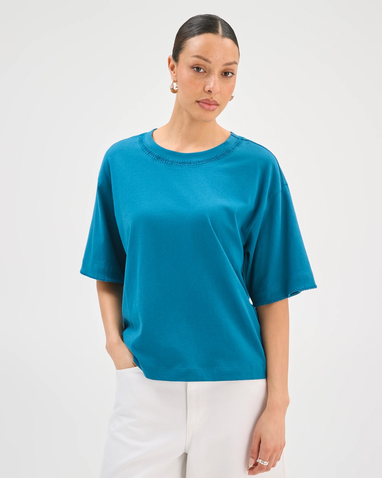 Australian Cotton Boxy Stitch Detail T-Shirt - Ocean Storm 3 of 6