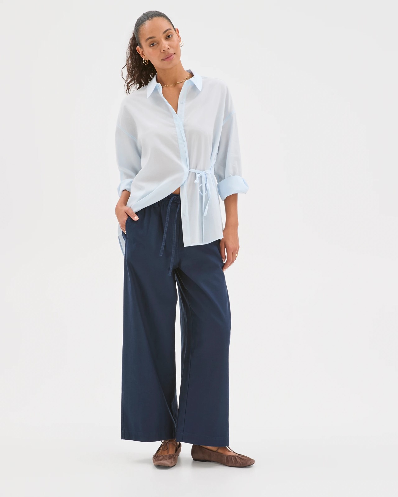 Australian Cotton Wide Leg Textured Pants - Ink Navy 2 of 6