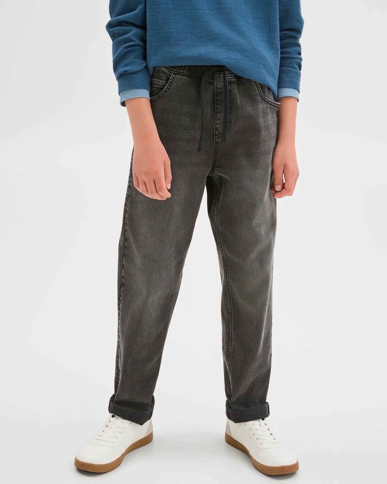 Elastic Waistband Straight Fit Denim Jeans - Blackwash 3 of 6