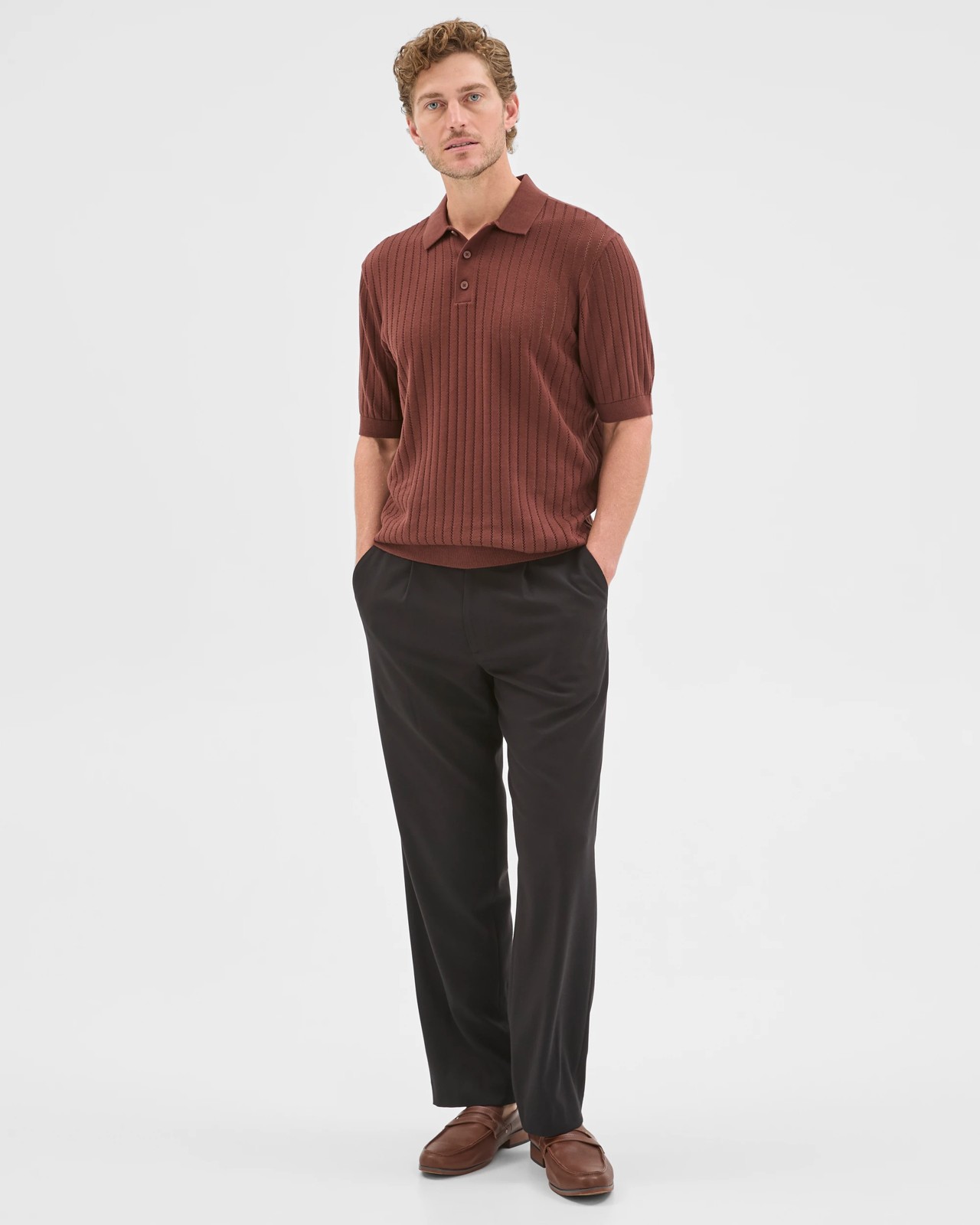 Preview Australian Cotton Pointelle Polo Top - Brown Stone 3 of 6