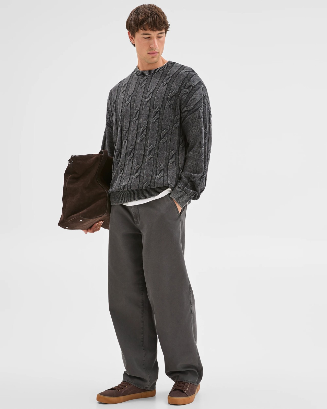 Commons Australian Cotton Cable Knit Washed Crew Jumper - Acid Black 4 of 6