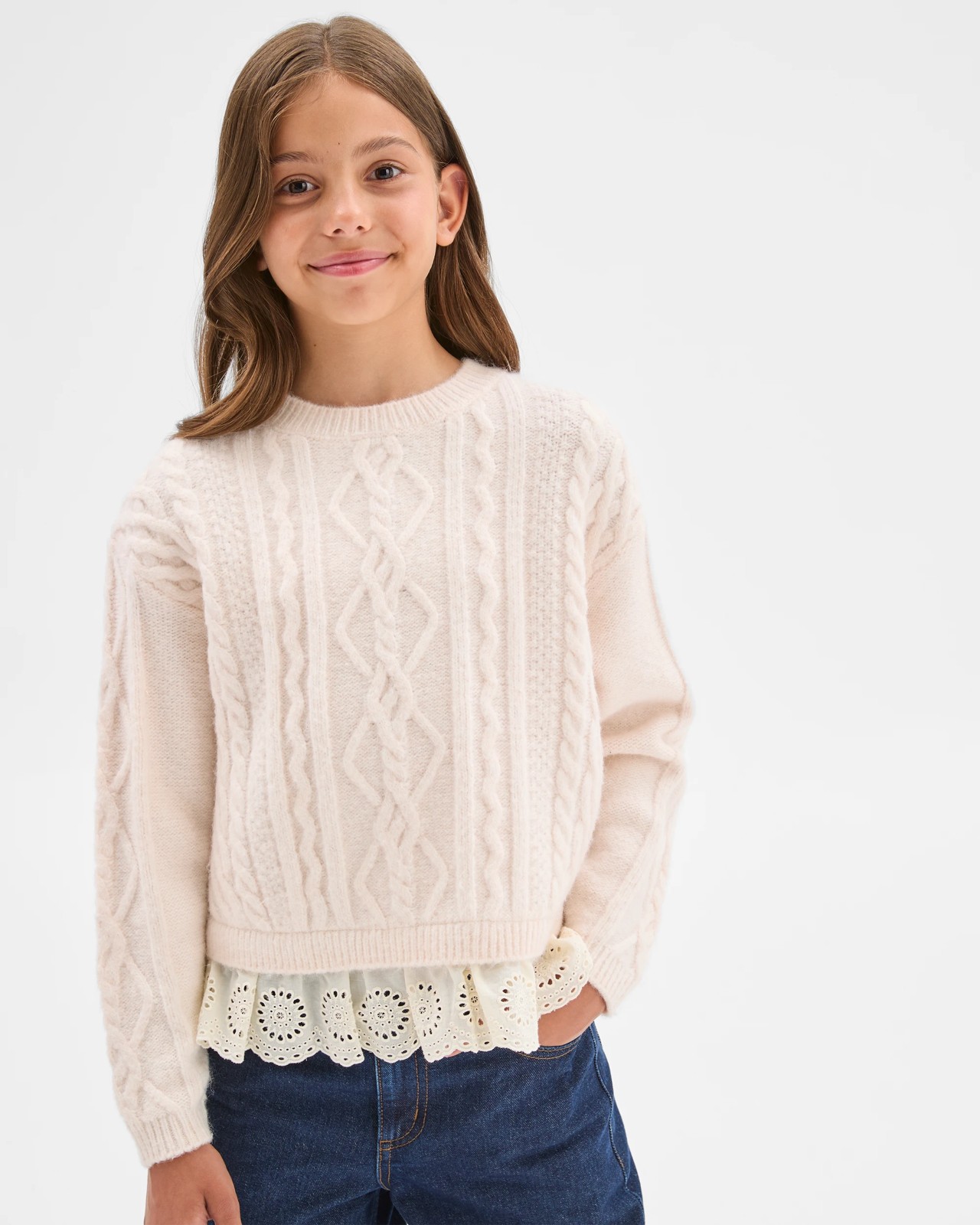 Cable Knit Lace Hem Sweater - Cream 4 of 5