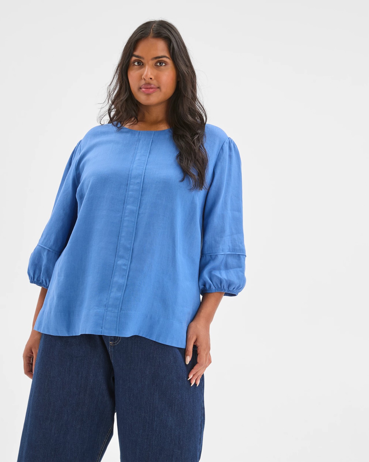 Plus Size European Linen Balloon Sleeve Blouse - Lapis Blue 2 of 6