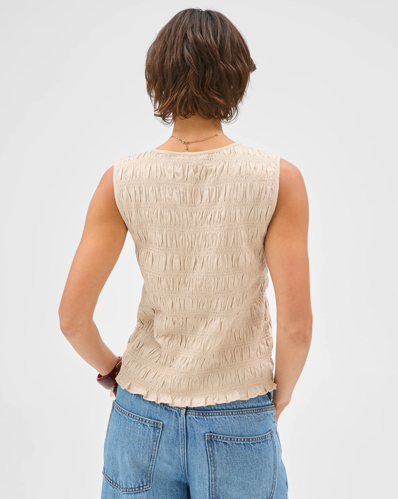 Australian Cotton Sleeveless Shirred Tank Top - Oatmeal marle 6 of 6