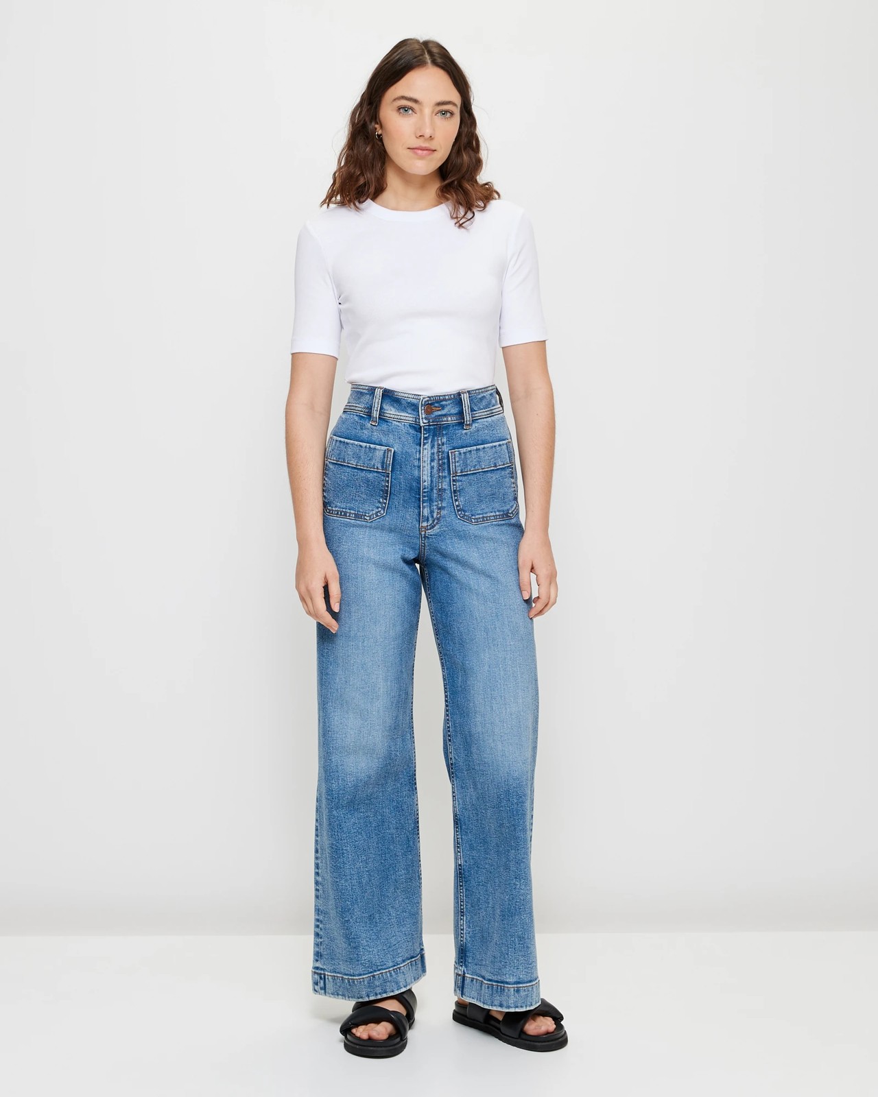 Mila Wide Leg High Rise Full Length Flat Front Denim Jeans - Pacific ...