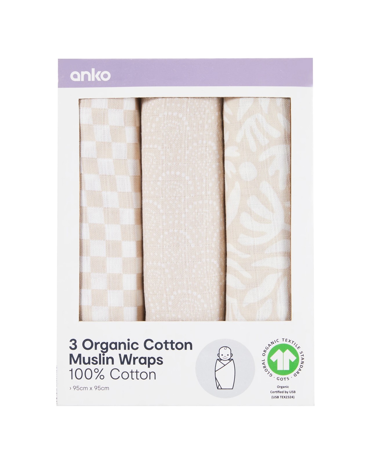 Anko 3 Pack Organic Cotton Muslin Wraps- Boho 2 of 5