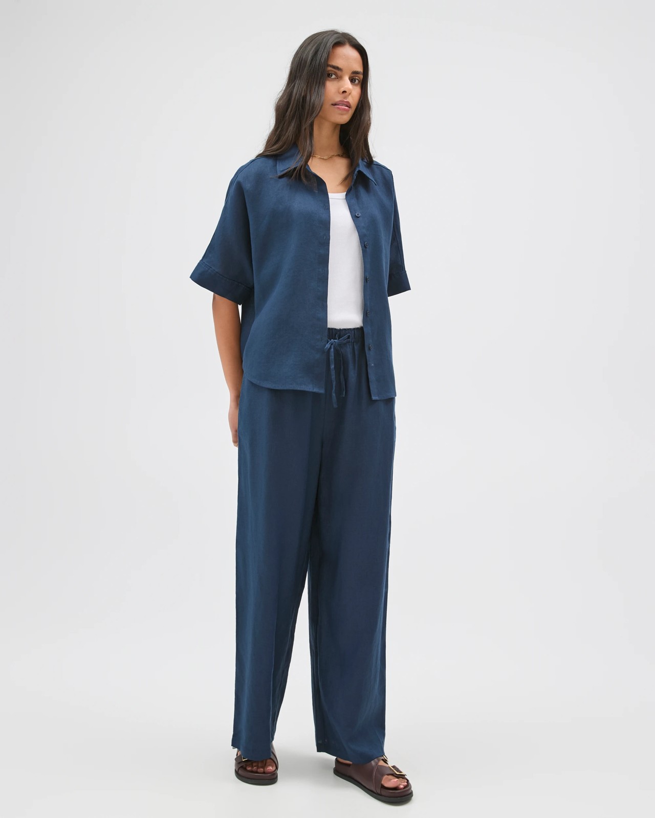 European Linen Wide Leg Pants - Navy Blue 3 of 5