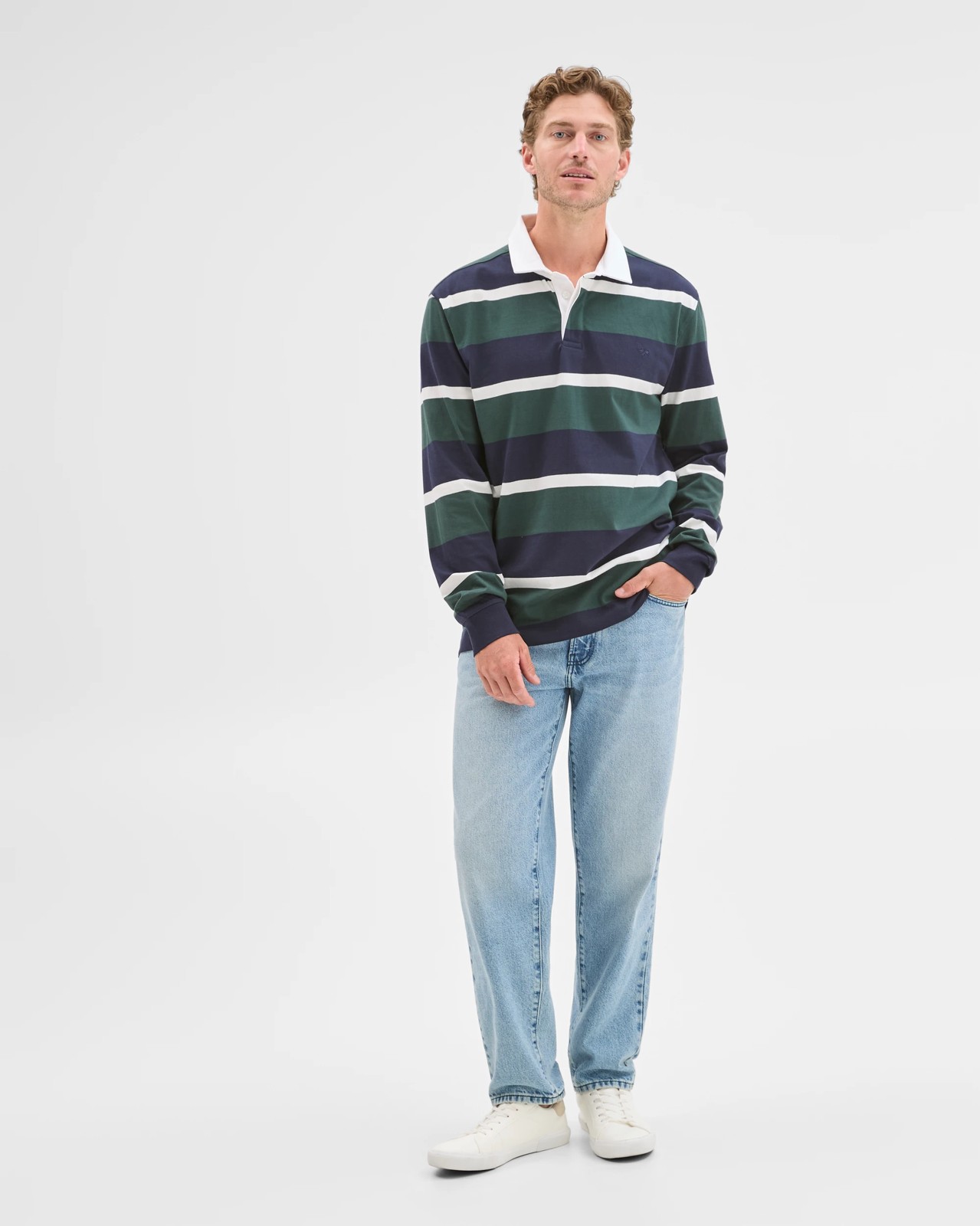 Australian Cotton Long Sleeve Rugby Polo Top - Navy Green Stripe 2 of 6