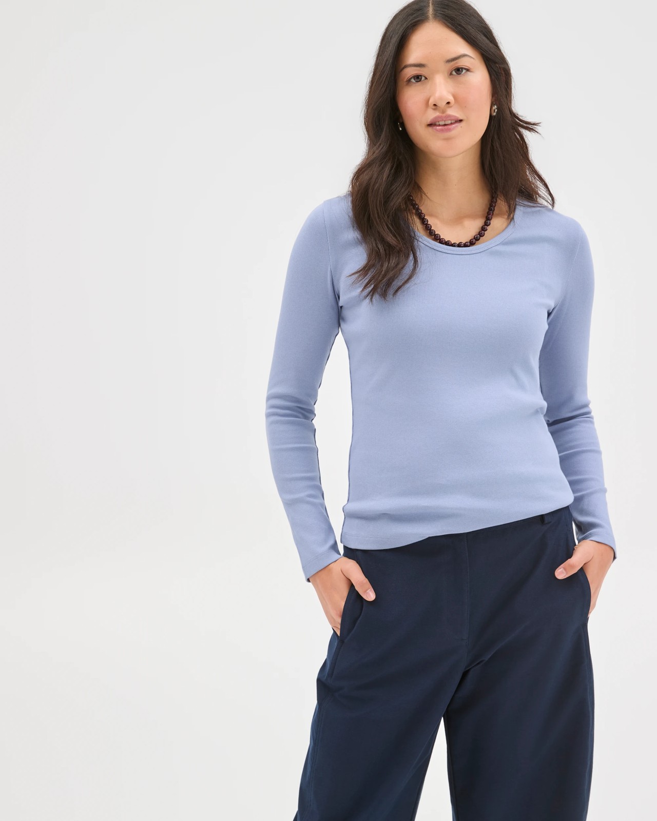 Australian Cotton Long Sleeve Scoop Neck Rib T-Shirt - Bluebell 3 of 5