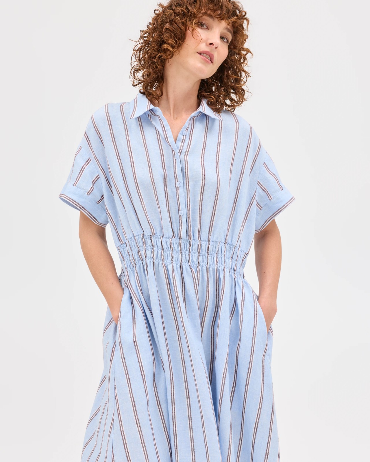 European Linen Shirred Waist Midi Dress - Blue / Stripe 2 of 5