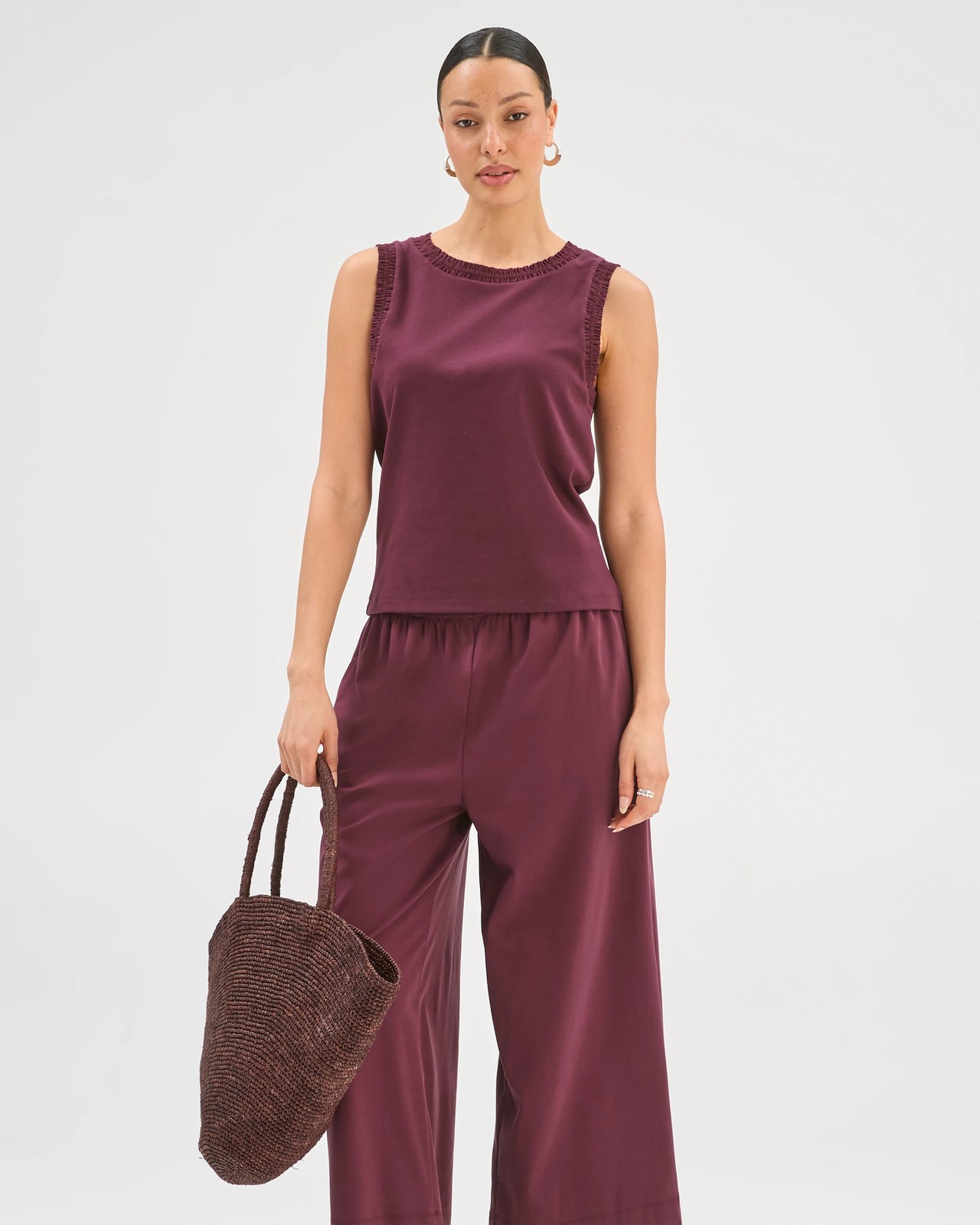 Australian Cotton Gathered Trim Tank Top - Merlot 2 of 5