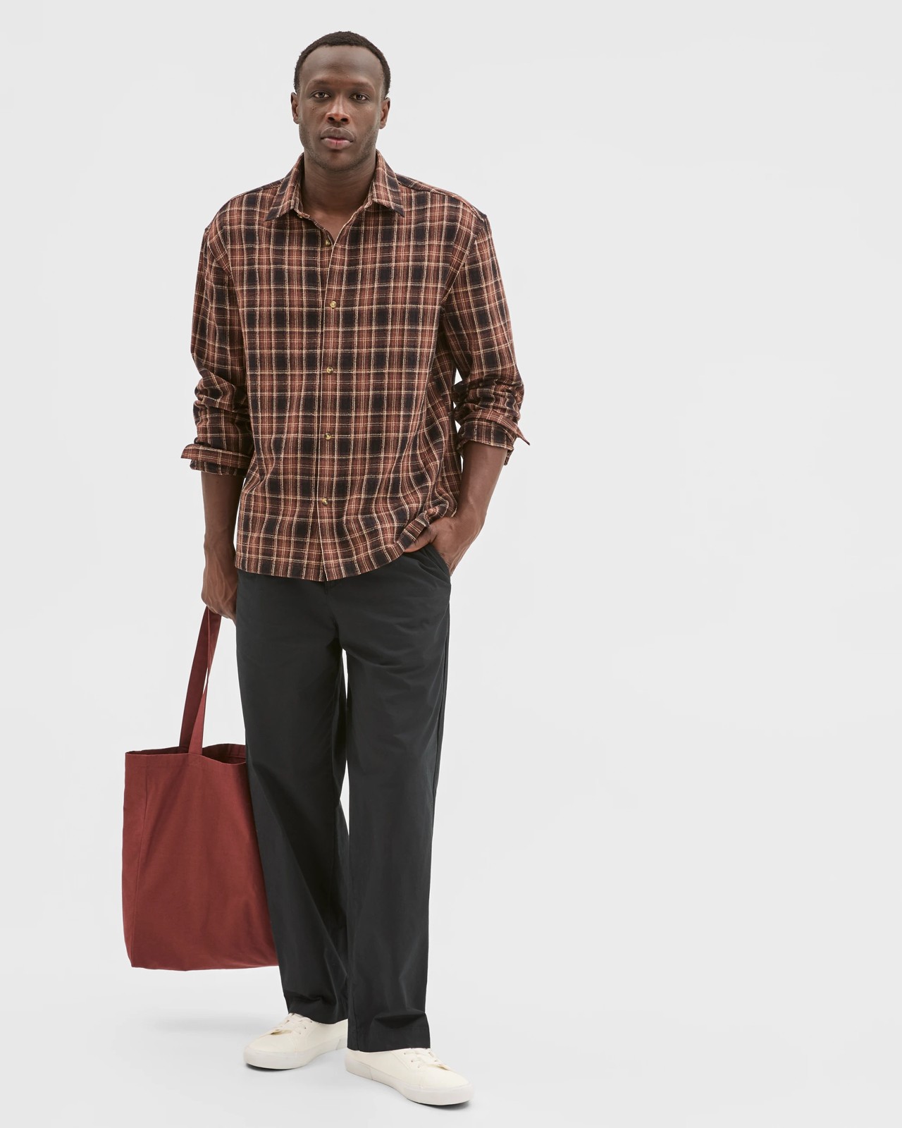 Commons Australian Cotton Boxy Fit Long Sleeve Textured Shirt - Tan Large Check 3 of 5