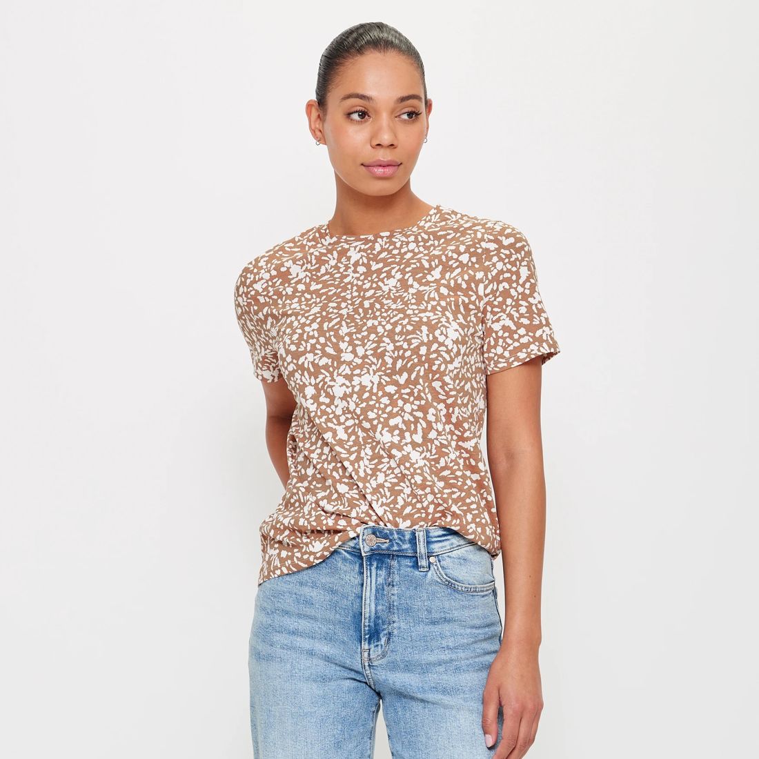 Printed Fitted Crew T-Shirt - Tan Non Floral | Target Australia