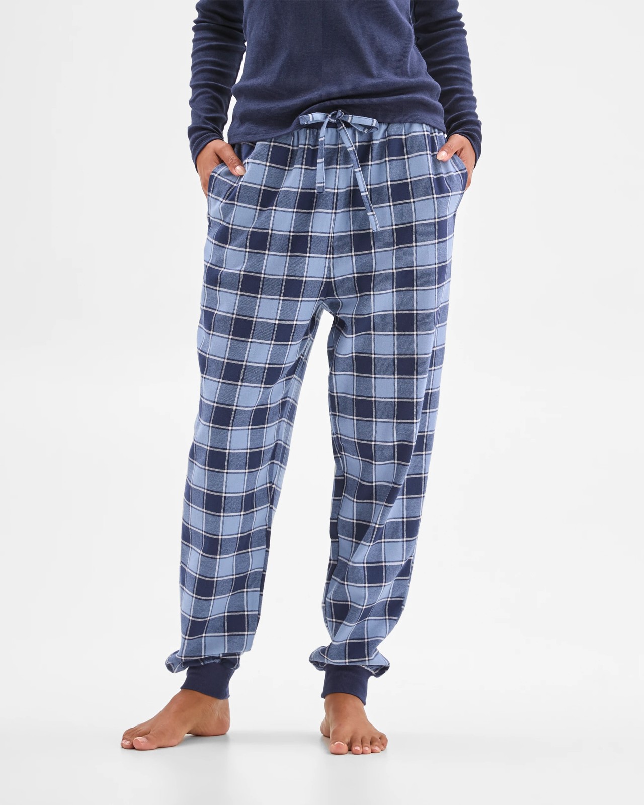 Australian Cotton Flannelette Jogger Sleep Pants - Navy Buffalo Check 3 of 6