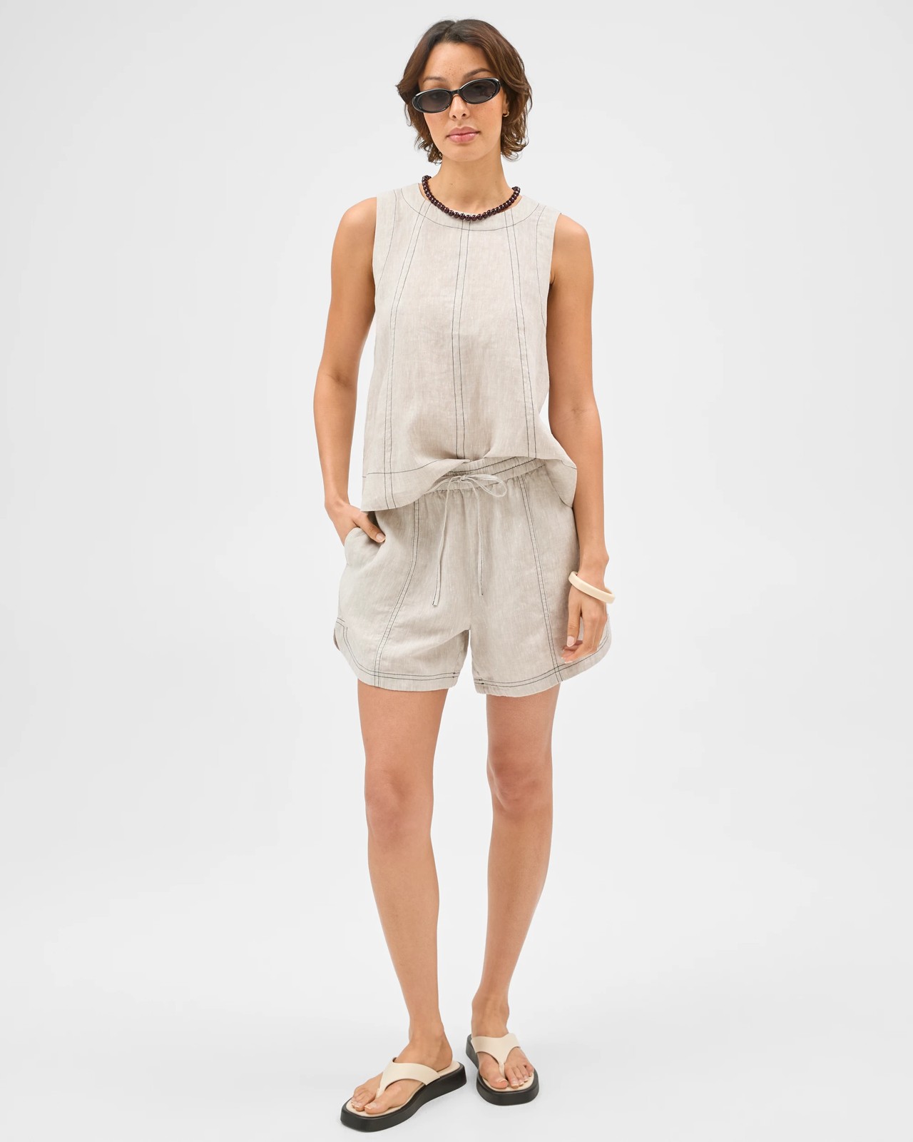European Linen Contrast Stitch Shorts - Flax 2 of 5