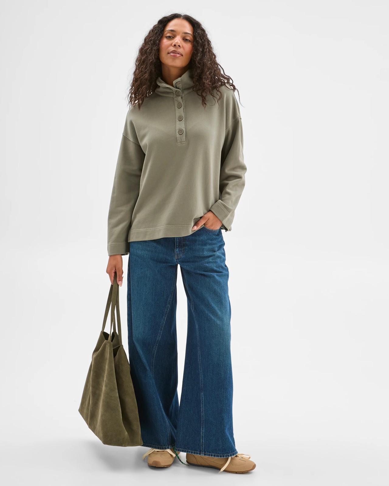 Australian Cotton Funnel Neck Button Front Jumper - Washed Olive 2 of 6