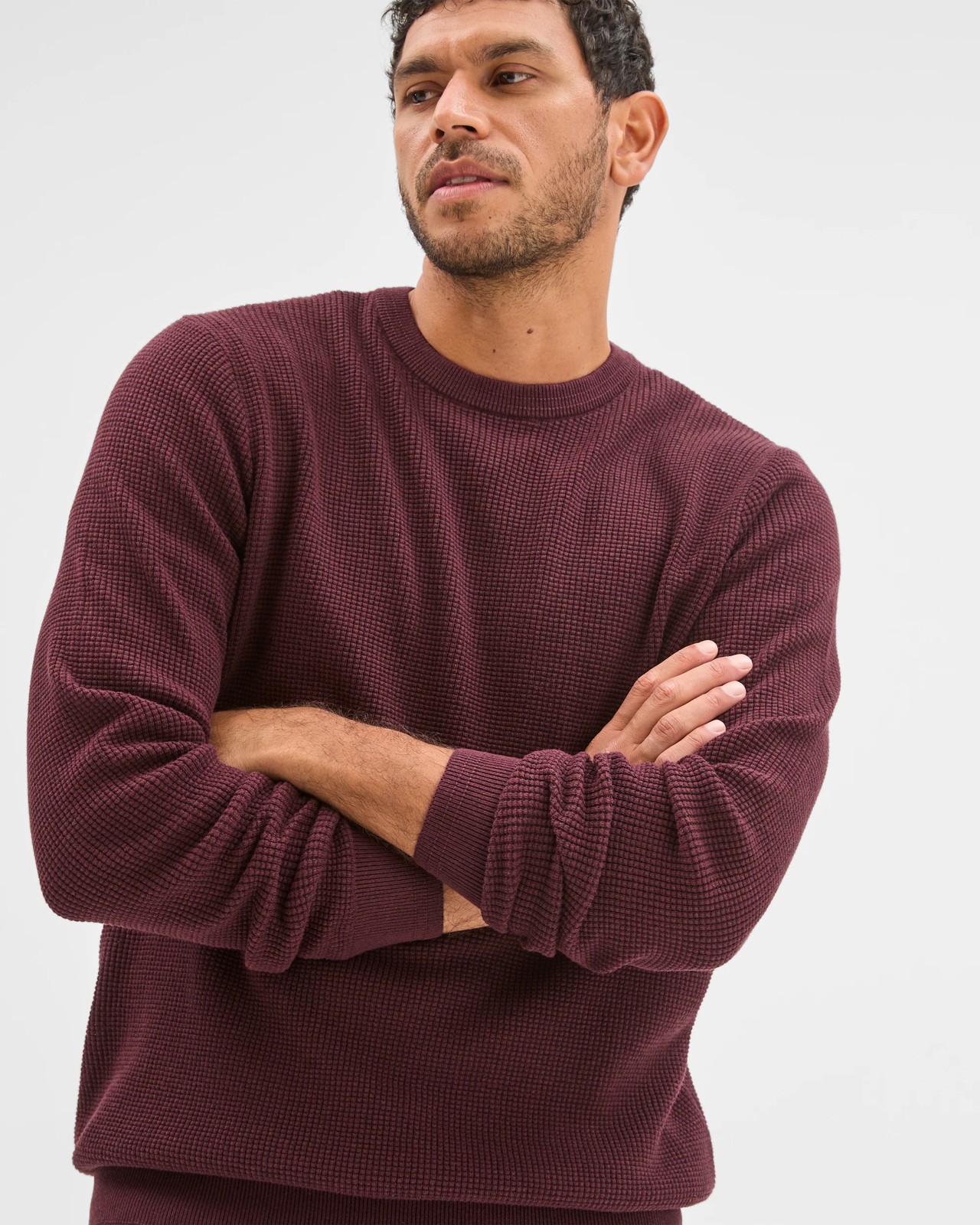 Australian Cotton Lightweight Waffle Knit Crew Neck Jumper - Oxblood Marle 2 of 6