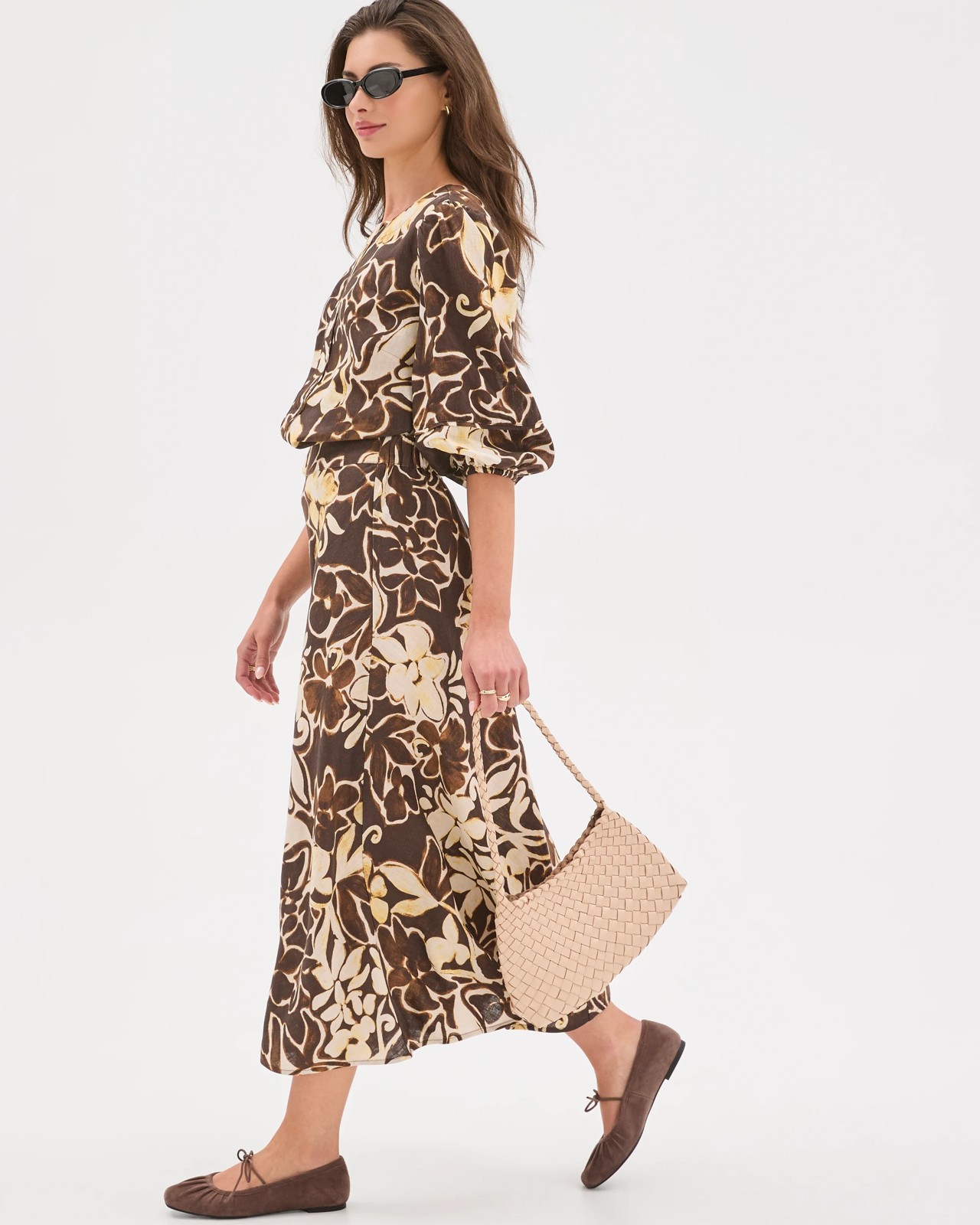 Petites European Linen Seam Detail Midi Skirt - Floral Print 3 of 6