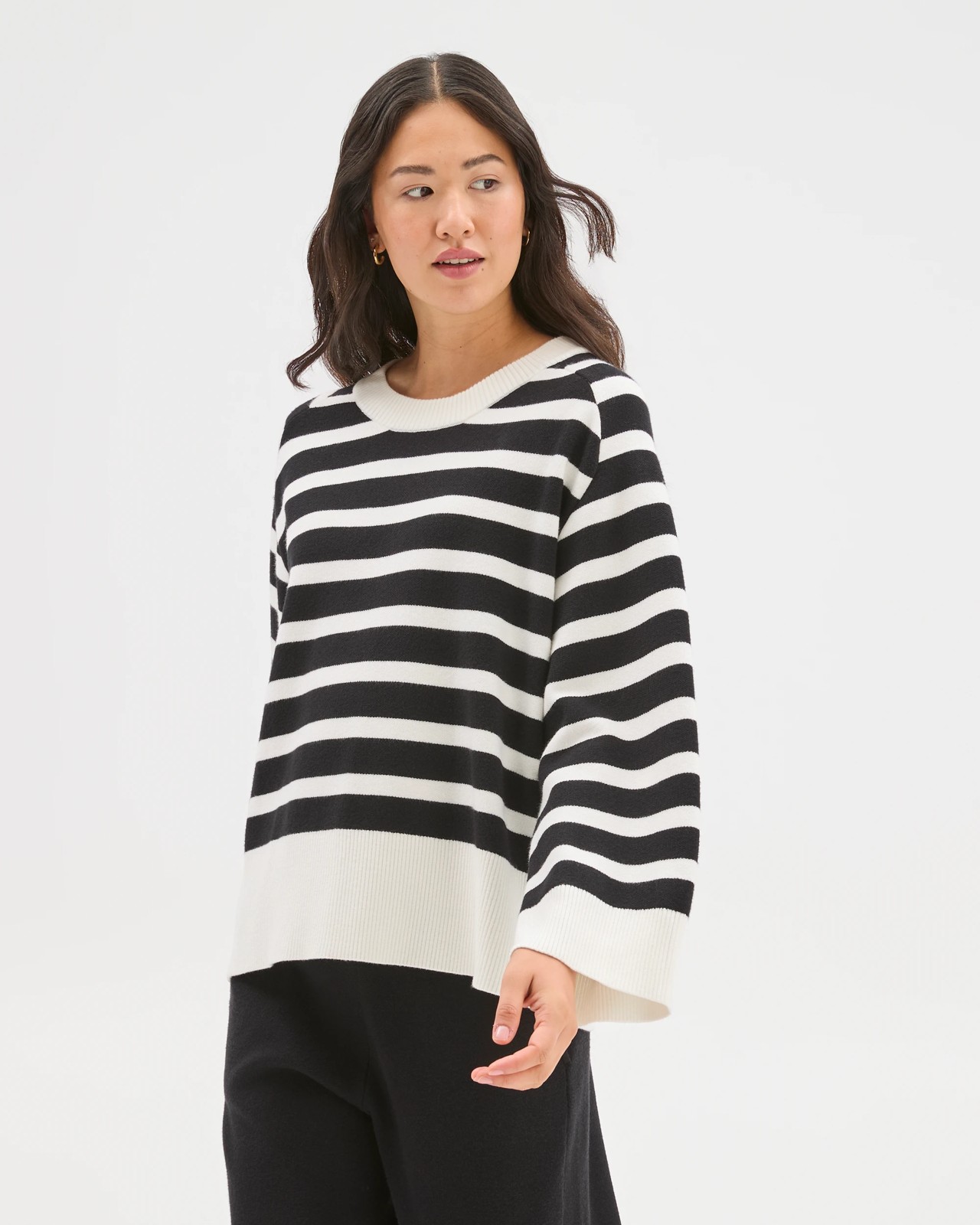 Clean Knit Crew Neck Sweater - Cloud Dancer/Black Stripe 2 of 6