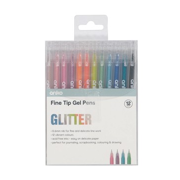 Fine Tip Glitter Gel Pens, 12 Pack - Anko