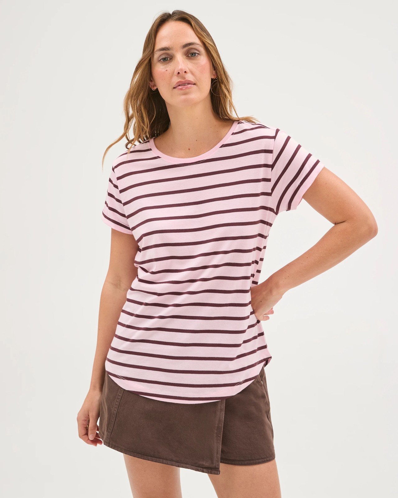 Relaxed Fit Crew Neck T-Shirt - Pink Rose/Merlot Stripe 3 of 6
