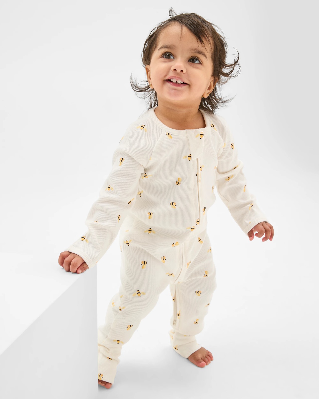 Baby Organic Cotton Rib Zip Footless Coverall - Gardenia Bees 2 of 2