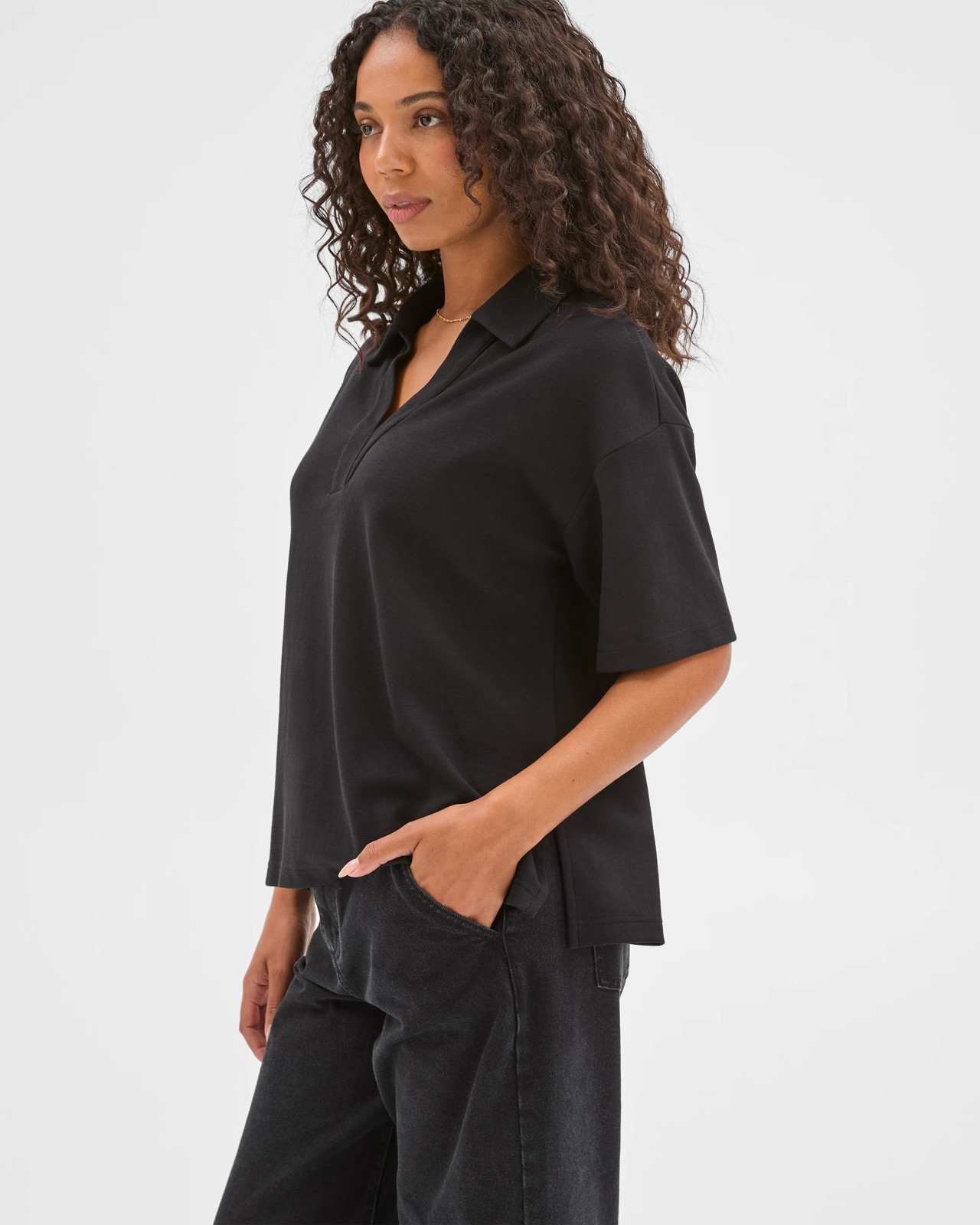 Australian Cotton Blend Interlock Polo Neck T-Shirt - Black 5 of 5