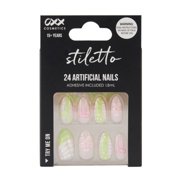 24 Pack Artificial Nails with Adhesive, Stiletto Shape, 3D Lime - OXX Cosmetics