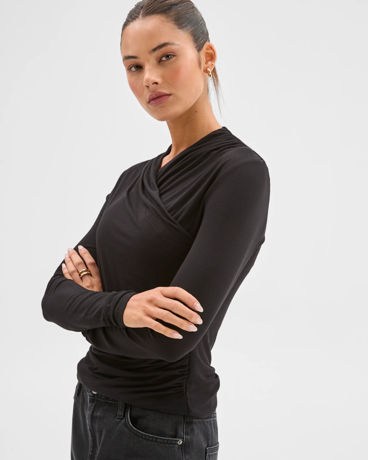 Lily Loves Long Sleeve Crossover Drape Top - Black 6 of 6