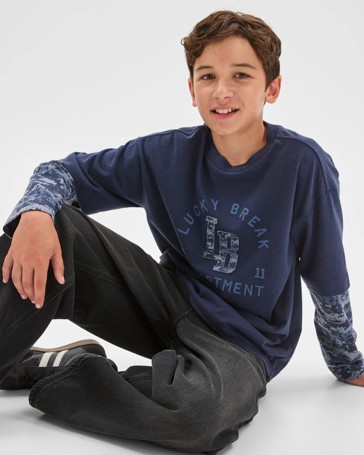 Australian Cotton Oversized Long Sleeve Applique 2Fer T-Shirt