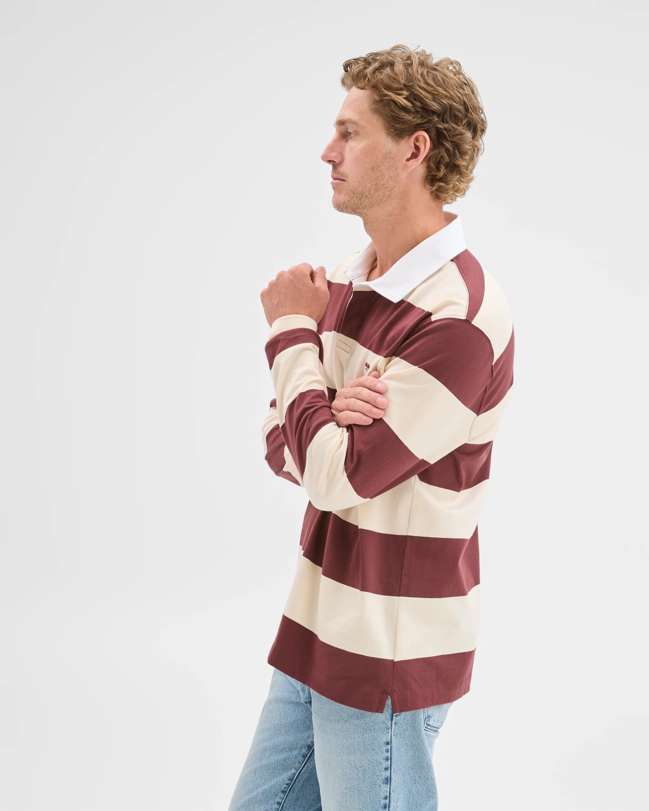 Australian Cotton Long Sleeve Rugby Polo Top - Stone Stripe 5 of 5