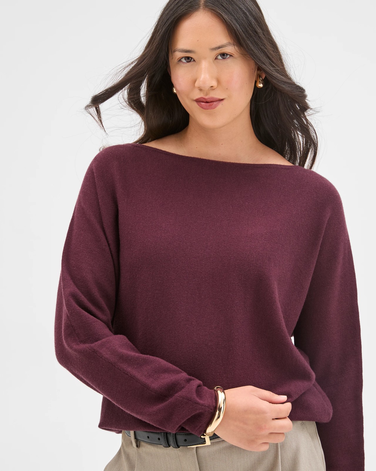 Preview Dolman Sleeve Boat Neck Knit Sweater - Pinot 2 of 6